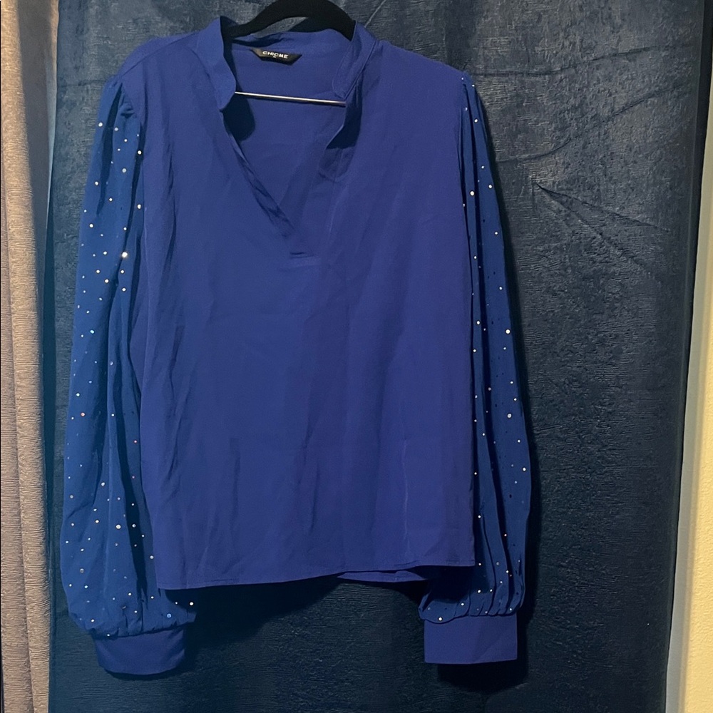 Chic Royal Blue Blouse with Beaded Sleeves